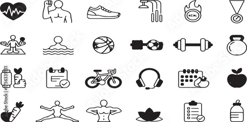 fitness icons, wellness icons, health icons, vector icons, line icons, gym, yoga, exercise, workout, lifestyle, black and white, simple icons, outline icons, editable stroke, app icons, website graphi