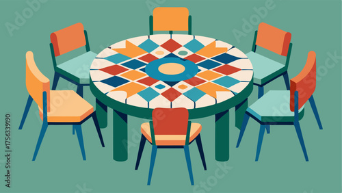 A communal table with a mosaic design and a variety of chairs for people to gather around.