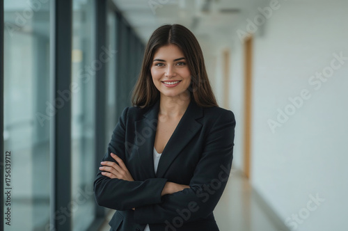 Mujer de negocios elegante con traje formal, mirada a cámara y bokeh de cristal, imagen ideal para RR. HH. y employer branding