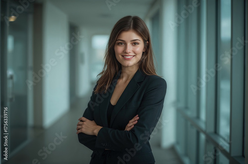 Retrato corporativo de ejecutiva joven con brazos cruzados en pasillo de oficina moderna, mirada a cámara y gesto de confianza, fondo desenfocado con copy space