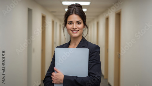 Mujer de oficina elegante con blazer azul marino y carpeta, actitud segura en entorno corporativo contemporáneo, fotografía editorial para marketing 