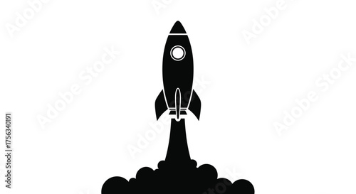 Vector art of black rocket ship launching with smoke