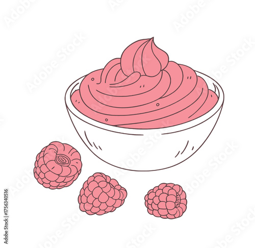 Delicious pink raspberry mousse or cream served in a white bowl with fresh berries on a white background