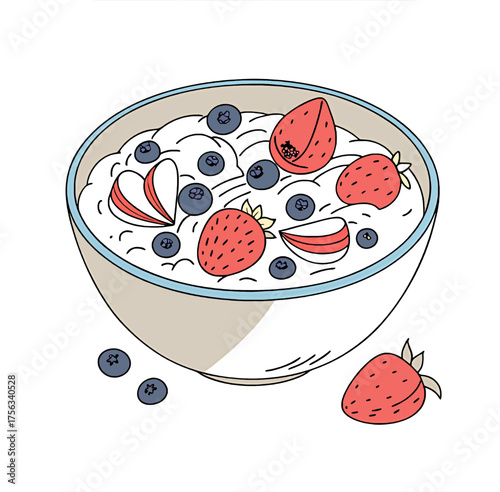 Wholesome bowl of oatmeal topped with fresh strawberries and blueberries, a healthy breakfast delight.