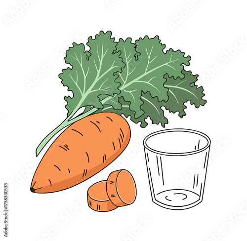 Fresh carrot and kale leaves ready to be juiced in a clear glass
