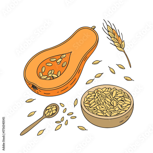 Fresh harvest of pumpkin and wheat seeds, highlighting healthy ingredients for cooking and baking