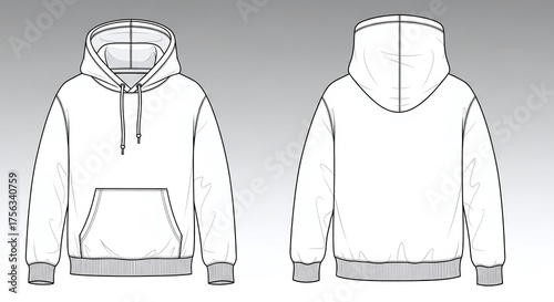 Front and back view of a white hoodie with drawstrings and a front pocket, isolated on white background