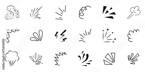 Doodle explosion. Comic burst manga elements. Radial line rays, hand drawn shine, idea, surprise and exclamation symbol. Doodles add a playful touch to designs. Colorful doodle elements, vector set.