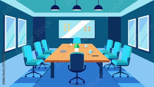 A conference room with a large table chairs and a projector for presentations.