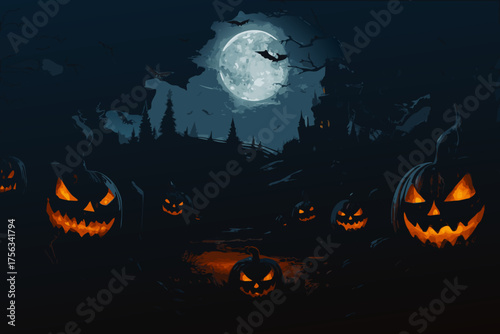 Spooky jack-o'-lanterns under a full moon create a chilling Halloween atmosphere