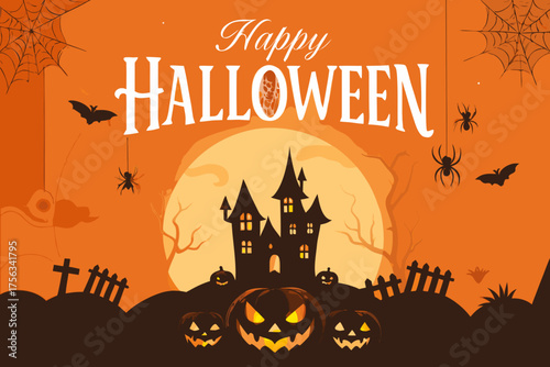 Happy Halloween haunted house illustration, spooky pumpkins, bats, and spiders design