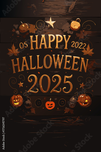 Happy Halloween 2025 rustic wood design with pumpkins and fall leaves illustration