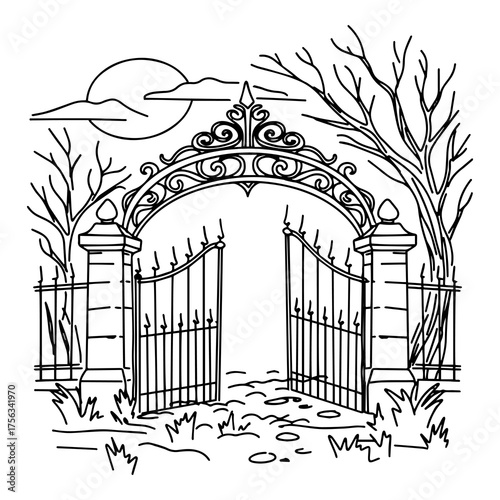 Mystical Gothic gate drawn by hand in line art style.