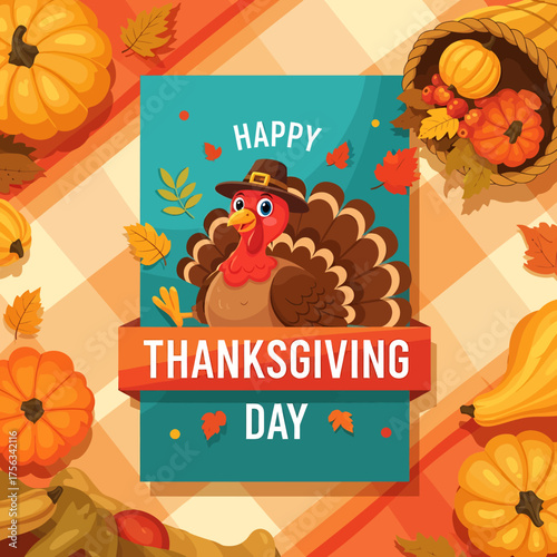Happy Thanksgiving Day Celebration with Turkey and Pumpkins on a Plaid Background