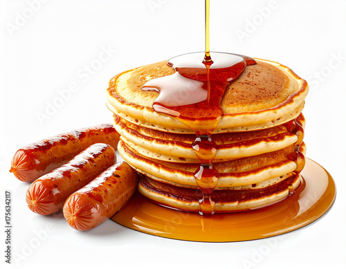 Pancakes and syrup, with a side of American sausage links, white studio background. AI