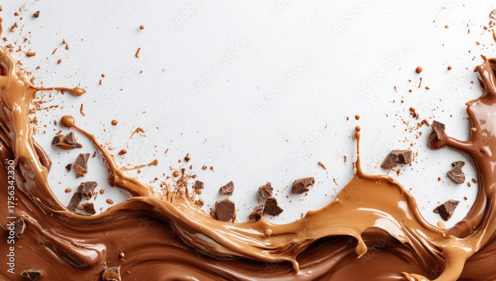 Fototapeta premium A smooth, brown chocolate wave splashes across a white background, with scattered chunks