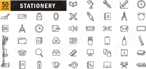 Stationery editable outline icon set. Office, writing, notebook, paper, pen, pencil, calendar, ruler and more
