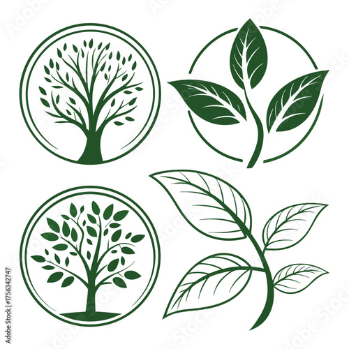 green leaves and tree vector set illustration