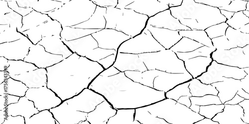 Cracked dry earth texture in black and white. Vector illustration symbolizing drought, climate change, and desertification. Ideal for environmental, nature, and abstract design backgrounds.