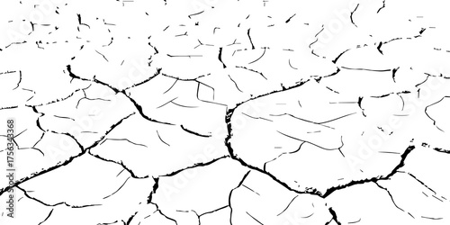 Cracked dry earth texture in black and white. Vector illustration symbolizing drought, climate change, and desertification. Ideal for environmental, nature, and abstract design backgrounds.