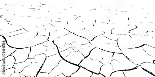 Cracked dry earth texture in black and white. Vector illustration symbolizing drought, climate change, and desertification. Ideal for environmental, nature, and abstract design backgrounds.