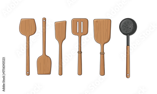 A realistic vector illustration of a wooden kitchen utensil set, including various spatulas, a turner, and a strainer spoon for diverse culinary concepts