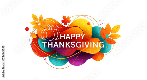 Happy Thanksgiving Festive Autumnal Design with Pumpkins and Leaves