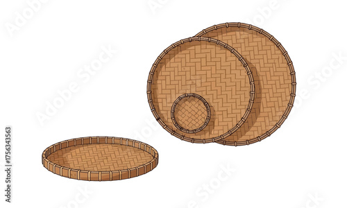 Set of traditional woven bamboo trays, showcasing diverse sizes and natural handcrafted textures, perfect for rustic decor, serving, or cultural display