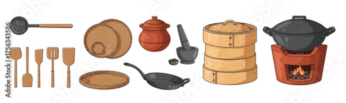 A collection of traditional Chinese kitchen utensils and cooking equipment, including a ladle, steamer, mortar and pestle, wok, and brazier