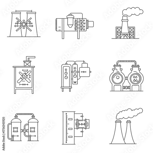 A versatile collection of line art vector icons depicting essential industrial machinery, power generation, and manufacturing facilities for modern design.