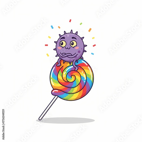 Happy Microbe with Candy Stick. Dental Decay