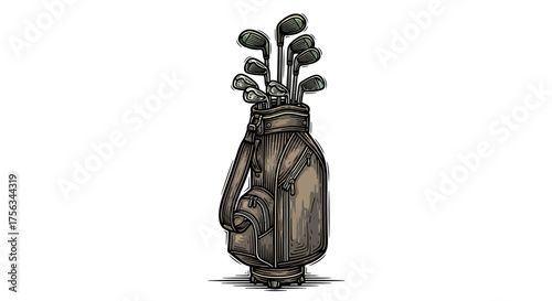Detailed graphic illustration of a vintage golf bag packed with a complete array of clubs for the classic game