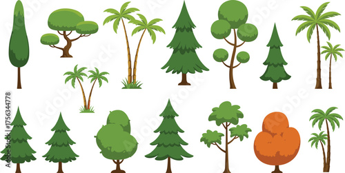 Cartoon forest trees vector set, flat nature illustration with tropical and pine trees, eco landscape elements for game design and decoration