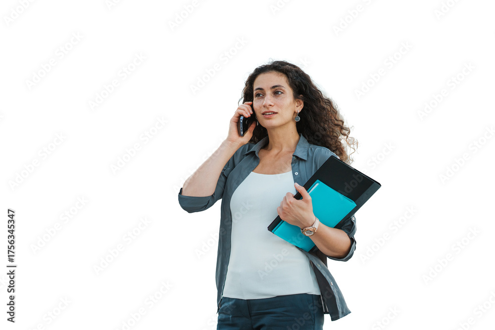 Fototapeta premium Businesswoman walking outdoors, talking on phone, holding a folder and tablet, with on transparent background
