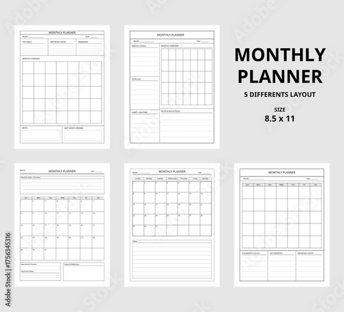 Monthly Planner Logbook Templates 5 Different Layouts, Vector Illustration Printable Planner Pages.