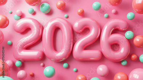 Pink and green bubble numbers displaying 2026 on textured background. Happy New Year 2026