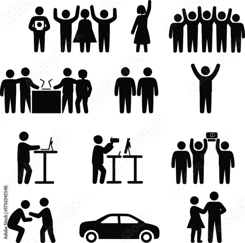 Human activity silhouette vector set, teamwork, tech use, podium scenes, celebration, office work, black icons, lifestyle and interaction design