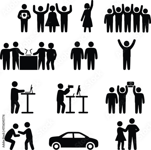 Human interaction silhouette vector set, teamwork, debate, celebration, gaming, photography, office scenes, black icons, lifestyle and activity design