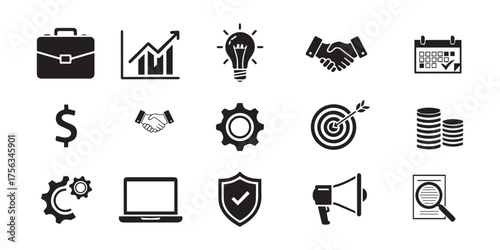 Collection of black and white business and finance icons representing success and growth
