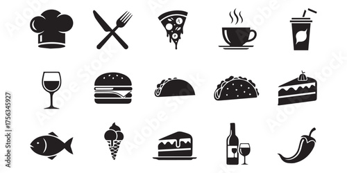 Collection of black and white food and drink icons representing various culinary items and restaurant symbols