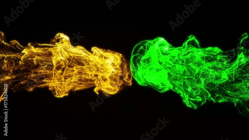 Gold Green Energy Collision Abstract Light Particle Fusion Animation - Isolated on Black Background