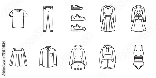 Collection of hand drawn fashion apparel and footwear sketches on white background
