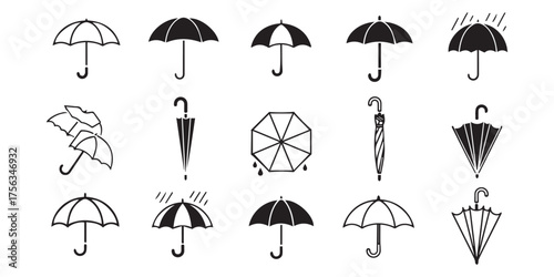 Collection of hand drawn umbrella icons in various styles and open and closed positions for weather protection