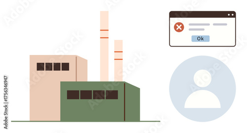 Industrial factory buildings with smokestacks, error message box, and user profile avatar. Ideal for environment, error, industry, digital systems, account issues, operation alerts simple flat