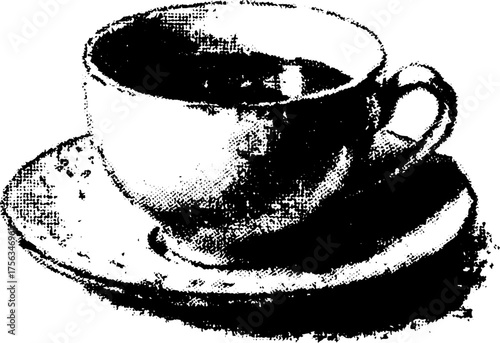 Vintage black and white coffee cup illustration with high contrast for retro design projects