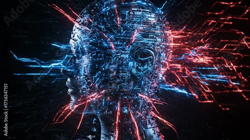 Abstract representation of artificial intelligence with a humanlike head composed of circuits and glowing lines, symbolizing technology and the future