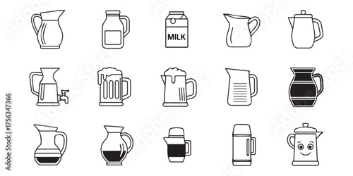 Collection of hand drawn pitcher and jug illustrations in black and white sketch style