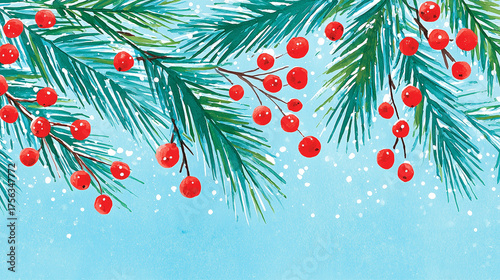 Festive watercolor pine branches and red berries on a snowy blue background.