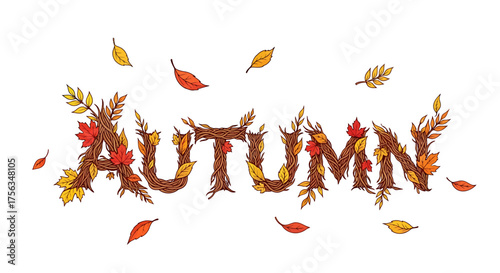 Autumn season text art with falling leaves, seasonal decoration elements and autumn foliage