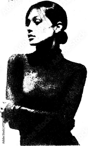 Minimalist high contrast black and white art of a woman in thoughtful pose